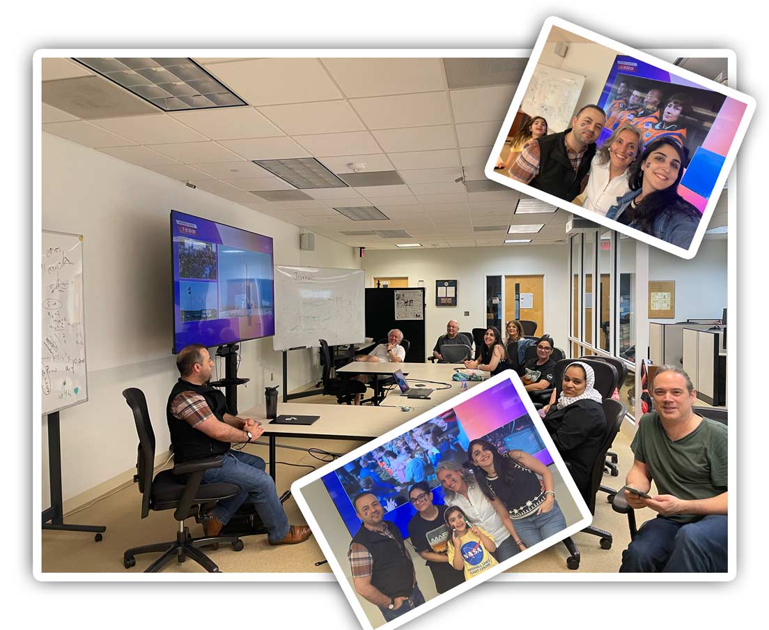 Members and guests of the Center for Social Complexity gather in a conference room to watch the Artemis II launch, with additional group photos from the event shown in the collage.